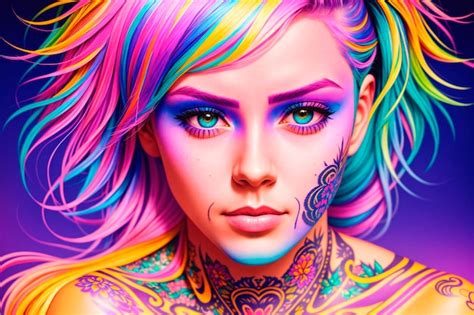 Premium Photo A Woman With A Rainbow Hair Tattoo On Her Face