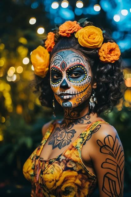 Retrato De Una Mujer Con El Tradicional Maquillaje De La Muerte