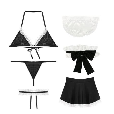 Đồ ngủ sexy cosplay hầu gái bikini đen nơ cổ cao cấp gợi cảm quyến rũ quần chip G string 384