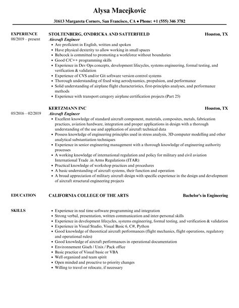 Aircraft Engineer Resume Samples | Velvet Jobs