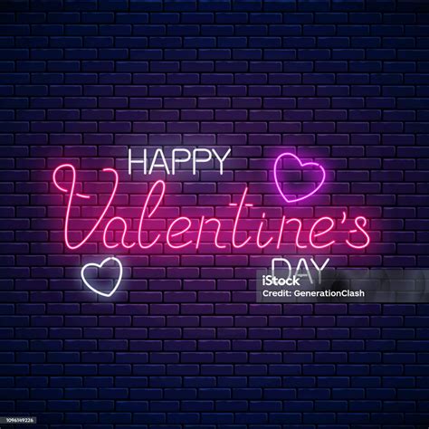 Glowing Neon Happy Valentines Day Text With Heart Shapes Vector