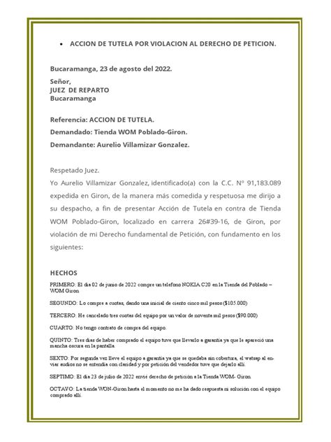 Accion De Tutela Por Violacion Al Derecho De Peticion Pdf Justicia