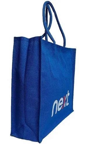 Webbed Handle Printed Blue Jute Shopping Bag Size 50 1 X 44 6 X 2 6