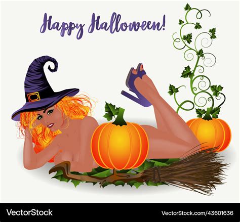 Happy Halloween Card Sexual Red Hair Witch And Pu Vector Image