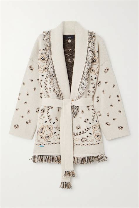 Alanui Belted Fringed Cashmere And Linen Blend Jacquard Cardigan In