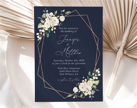 Navy And White Flowers Wedding Invitation Wedding Stationery