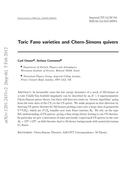 Pdf Toric Fano Varieties And Chern Simons Quivers