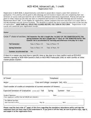 Fillable Online MCB 4034L Advanced Lab Registration Form Microbiology