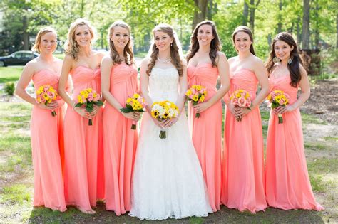 Sunflower Bridal Bouquet With Light Coral Bridesmaid Dresses Yellow