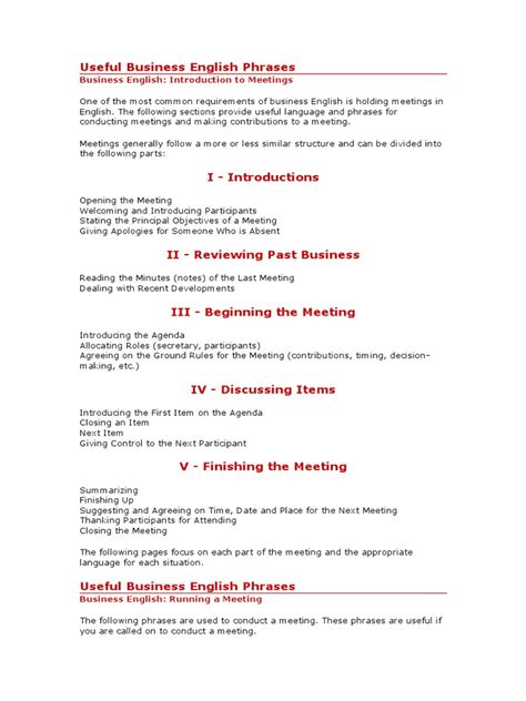 Useful Business English Meetings Phrases Download Free Pdf