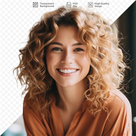 Premium PSD A Woman With Curly Hair Smiles In Front Of A Picture Of A