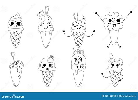 Set Of Hand Drawn Outline Kawaii Ice Cream Cone Hand Drawn Doodle