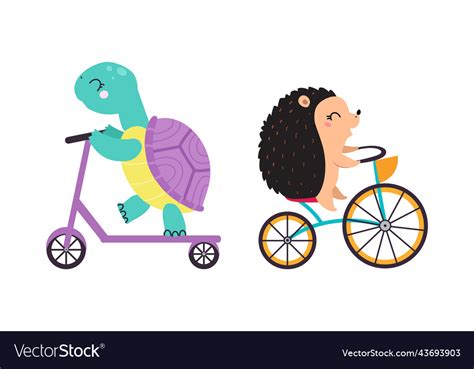 Cute Baby Animals Enjoying Ride Turtle On Bike Vector Image