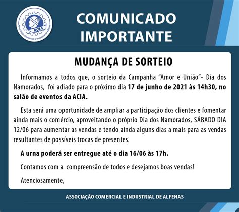 Comunicado Mudan A Da Data Do Sorteio Da Campanha Amor E Uni O