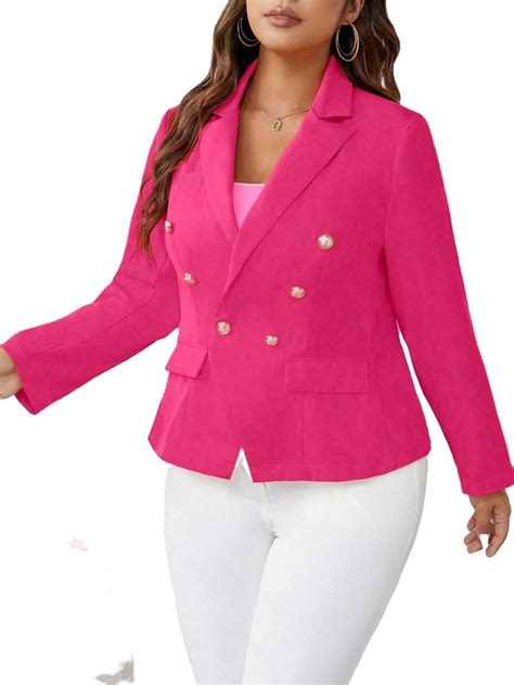 Elegant Plain Lapel Neck Long Sleeve Hot Pink Plus Size Blazers Women