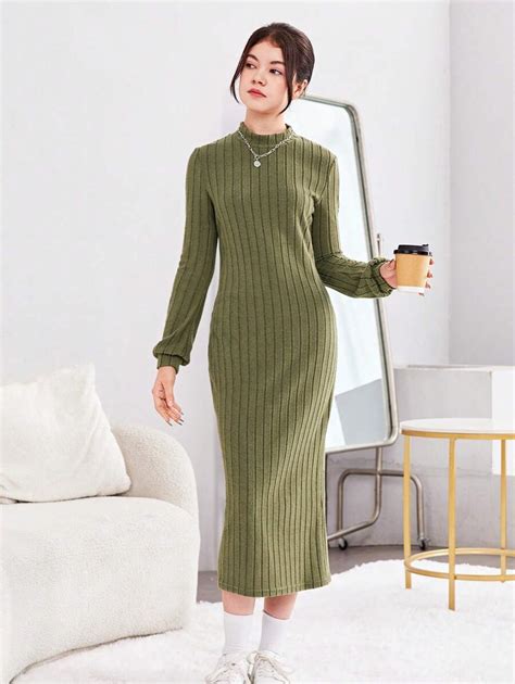 Teen Girl Mock Neck Lantern Sleeve Ribbed Knit Dress Shein Usa