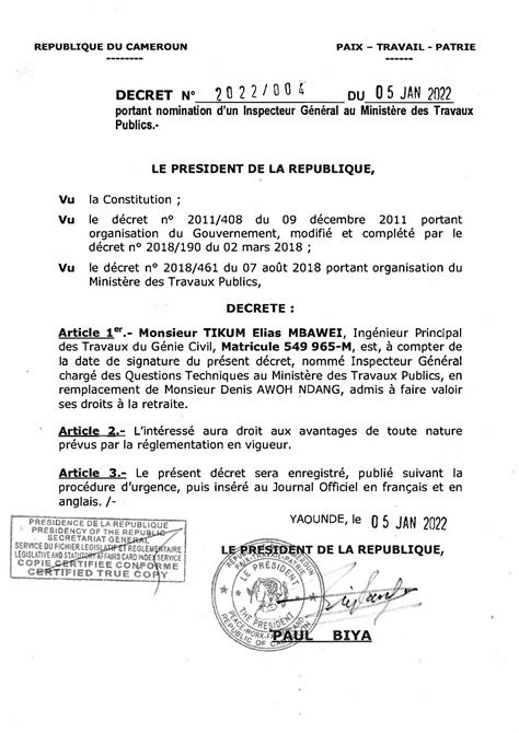 Décret N2022 004 du 05 janvier 2022 portant nomination d un Inspecteur