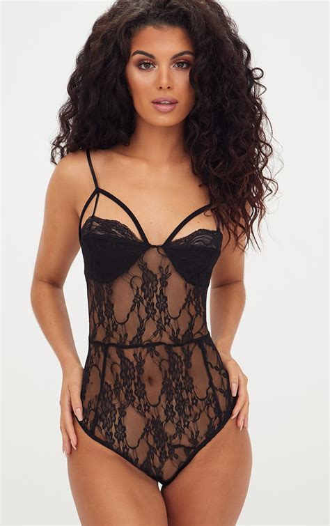 Black Strappy Cupped Lace Bodysuit Lingerie Prettylittlething