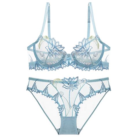 Elovegirl Fashion Flowers Embroidery Lingerie Set Lace Blue Transparent