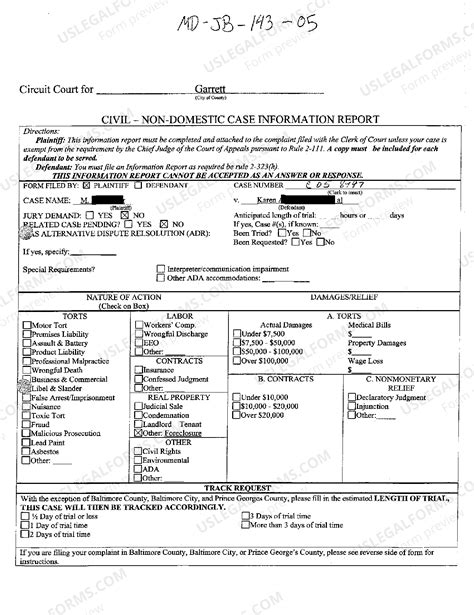 Maryland Civil Non Domestic Case Information Report - Civil Non