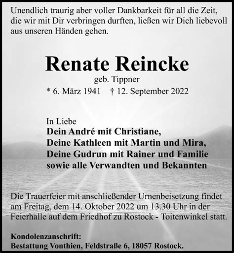 Traueranzeigen Von Renate Reincke Trauer Anzeigen De