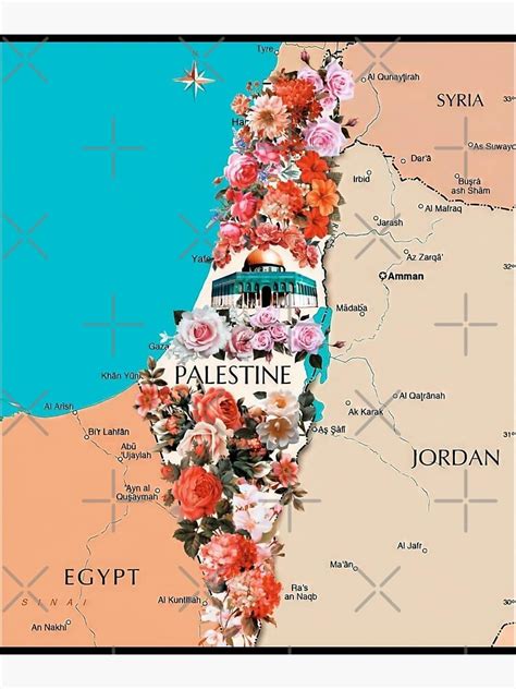 "Floral Roses Palestine Map Proud Palestinian Map Cities Al Quds Large ...