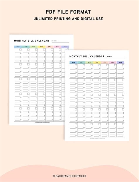 Monthly Bill Tracker PDF Printable Bill Calendar, Color-coded Monthly