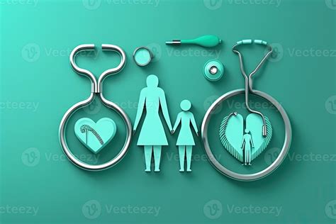 Top view of medical stethoscope and icon family on cyan background