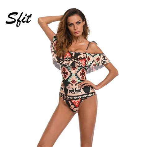 Sfit 2019 Women One Piece Vintage Printed Off Shoulder Flounce Ruffled