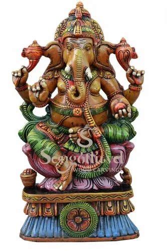 Multicolor Handmade Wooden Lord Ganesh Seated On Lotus Sculpture For