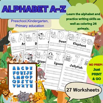 Animals Alphabet : A to Z | Alphabet Activity Worksheets with Coloring