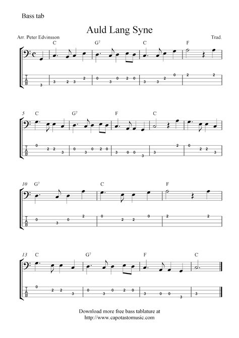 Free Easy Bass Guitar Tab Sheet Music Auld Lang Syne Free Printable