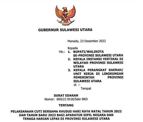 Gubernur Sulut Keluarkan Surat Edaran Tentang Cuti Bersama Natal 2022 Dan Tahun Baru 2023