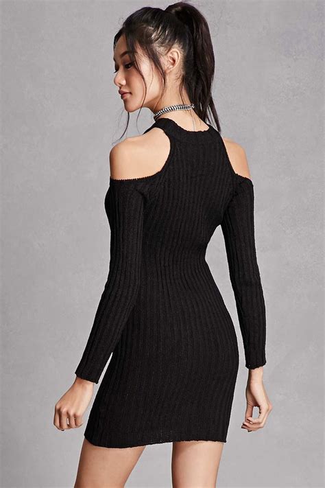 A Ribbed Knit Bodycon Dress Featuring An Open Shoulder Design Round