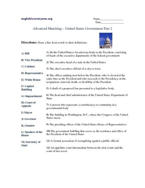 Us Government Part 2 Worksheet For 4th 6th Grade Lesson Planet