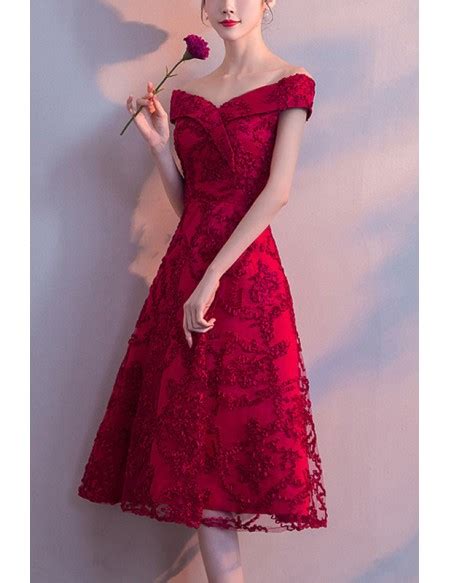 Burgundy Off Shoulder Homecoming Party Dress Tea Length J1525