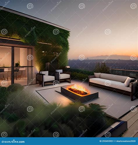 A Contemporary Rooftop Terrace With Lounge Seating, A Fire Pit, And