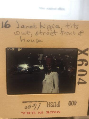 Vintage 35mm Slide Janet Hippie Tits Out Street Front Of House Cars