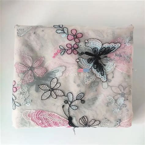 Pink & Black Plain Embroidery Butterfly Fabric - OneYard