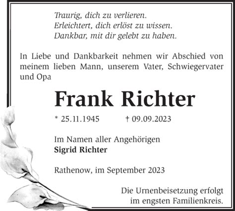 Traueranzeigen von Frank Richter Märkische Onlinezeitung Trauerportal