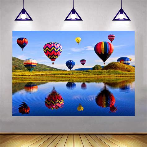 Flying Hot Air Balloons Backdrop Blue Sky White Clouds Photography