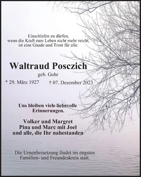 Traueranzeigen Von Waltraud Posczich Trauer In Nrw De