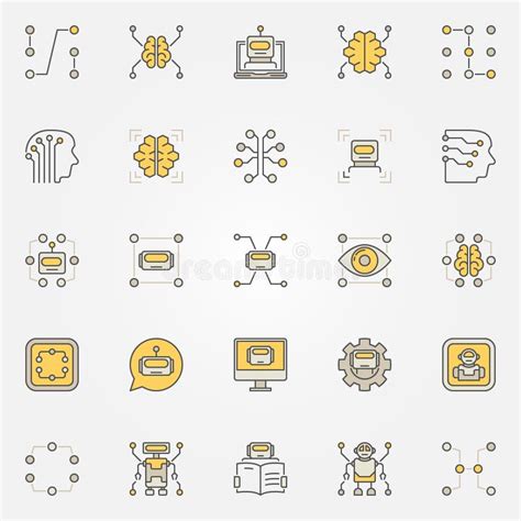 Ícones Coloridos Da Aprendizagem De Máquina Ajustados Ilustração do