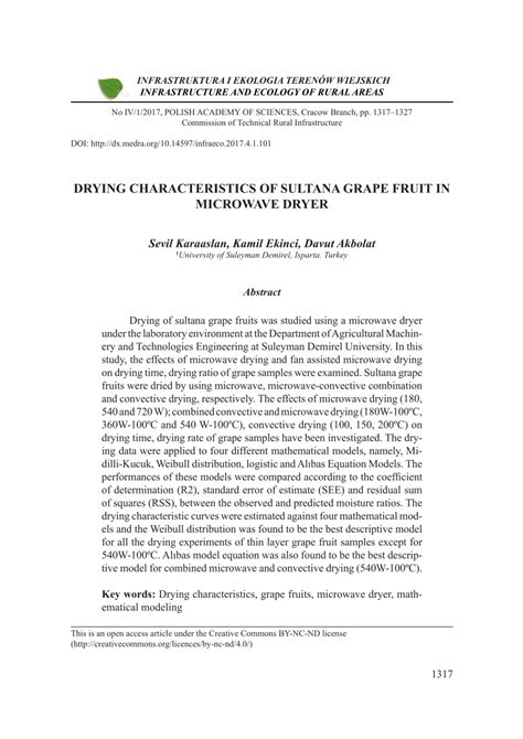 Pdf Drying Characteristics Of Sultana Grape Fruit In Microwave Dryer