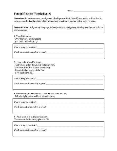 Personification Worksheet 6 | Figurative Language Activity