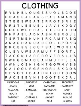 Clothing Word Search By Jennifer Olson Educational Resources Tpt