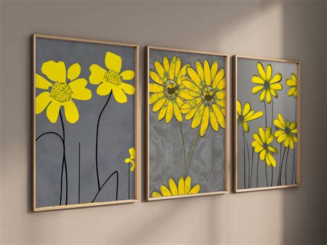 Yellow Floral Wall Art Set Of 3 Botanical Prints Home Decor Etsy