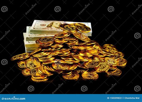 Stack Bundles Of 100 Us Dollars Banknotes And Gold Coin In Treasure Sack On Black Background