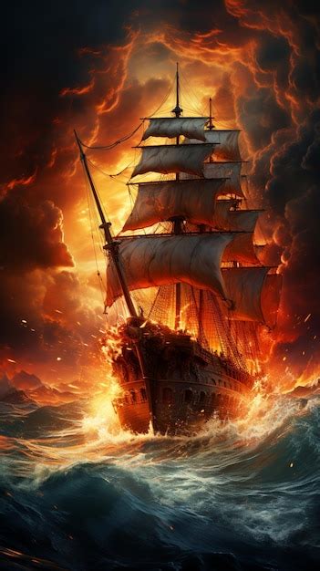 Premium AI Image | Pirate ship in a storm of fire and smoke generative ai