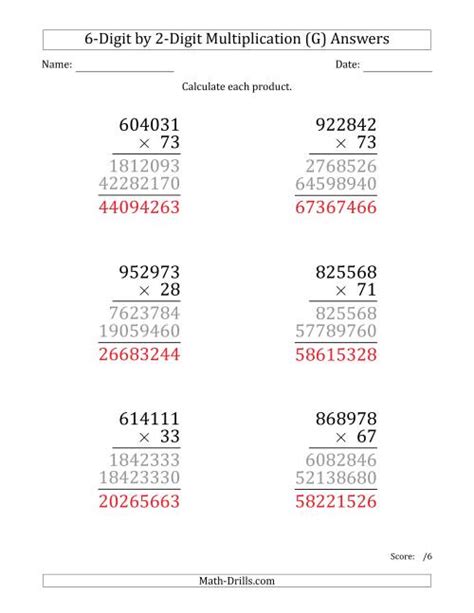 Multiplying 6 Digit By 2 Digit Numbers Large Print G